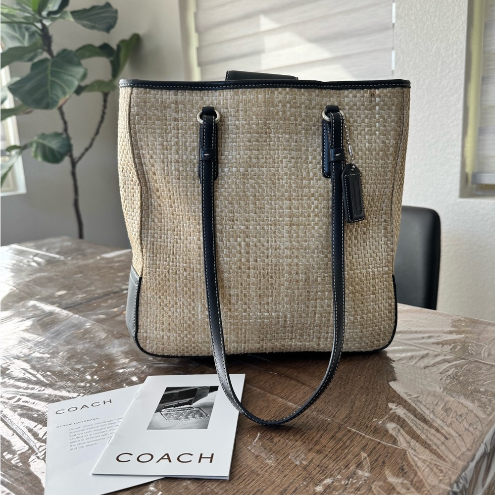 Coach Tan and Black Raffia Women's Shoulder Small Tote Bag